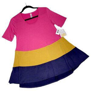 LuLaRoe Perfect T XXS Color Block Hot Pink Yellow Navy Blue Swing Tunic Tee Top